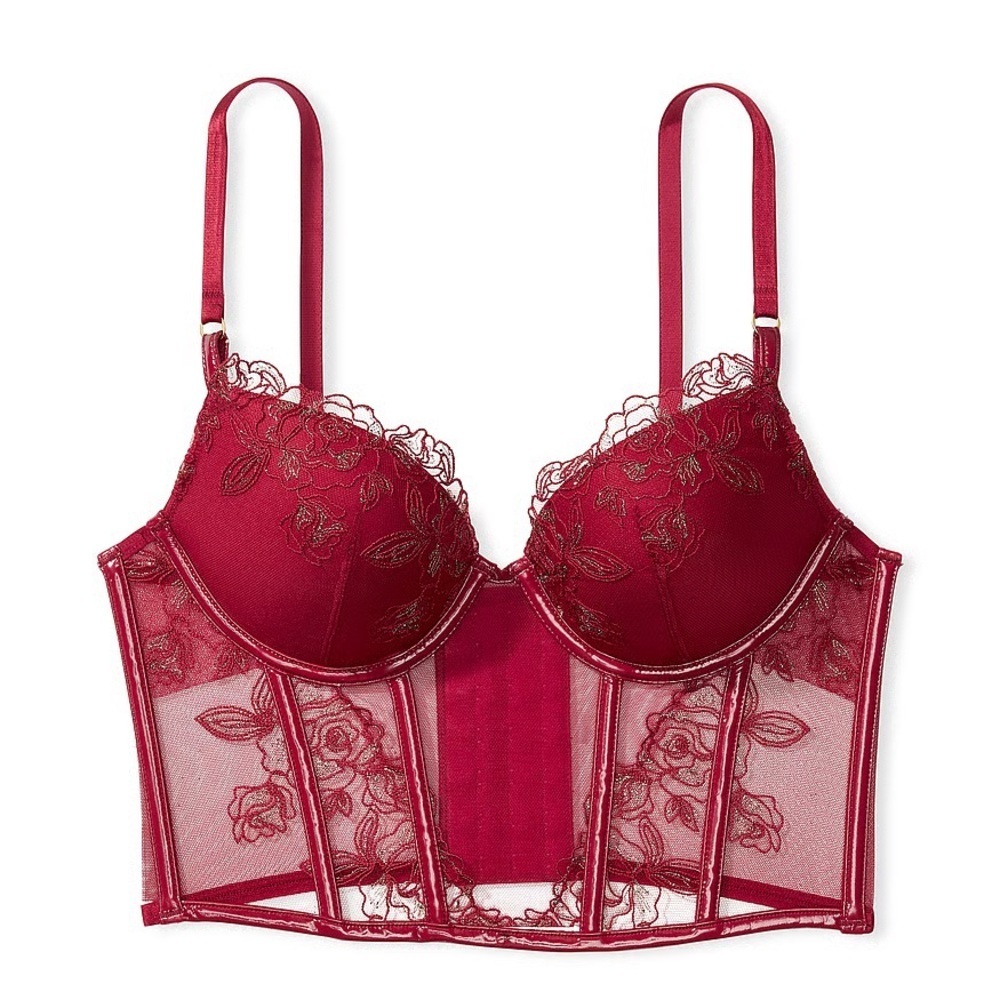 Victoria's Secret Red Lace Corset Bra Embroidered Gold New With Tags Lingerie - Picture 2 of 8